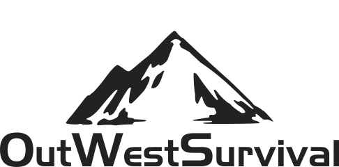 Out West Survival Logo - Mountains with white colored radio signal coming out of the top.