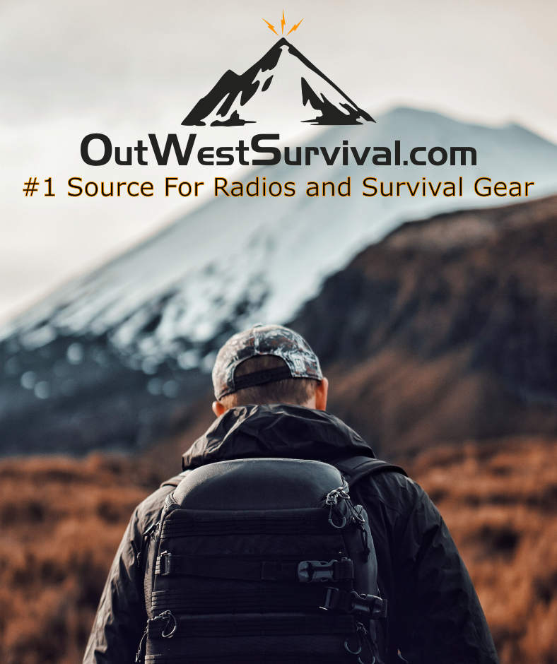 Out West Survival – #1 Source For Radios and Survival Gear Man with hat and backpack walking towards a mountain. With the the logo for OutWestSurvival.com - #1 Source For Radios and Survival Gear