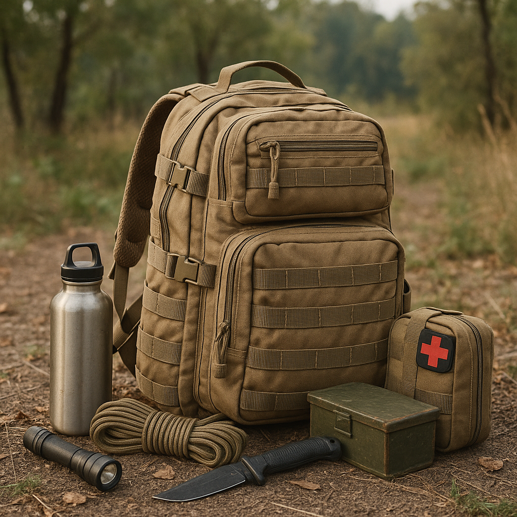 Bug Out Bag Image of a bug out bag with a first aid kit, knife, tool box, rope, water bottle, and flash light siting next to it.