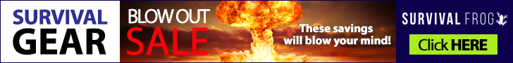 Survival Gear Header Image With the Words Blowout Sale and Atom Bomb in center with fire rising.