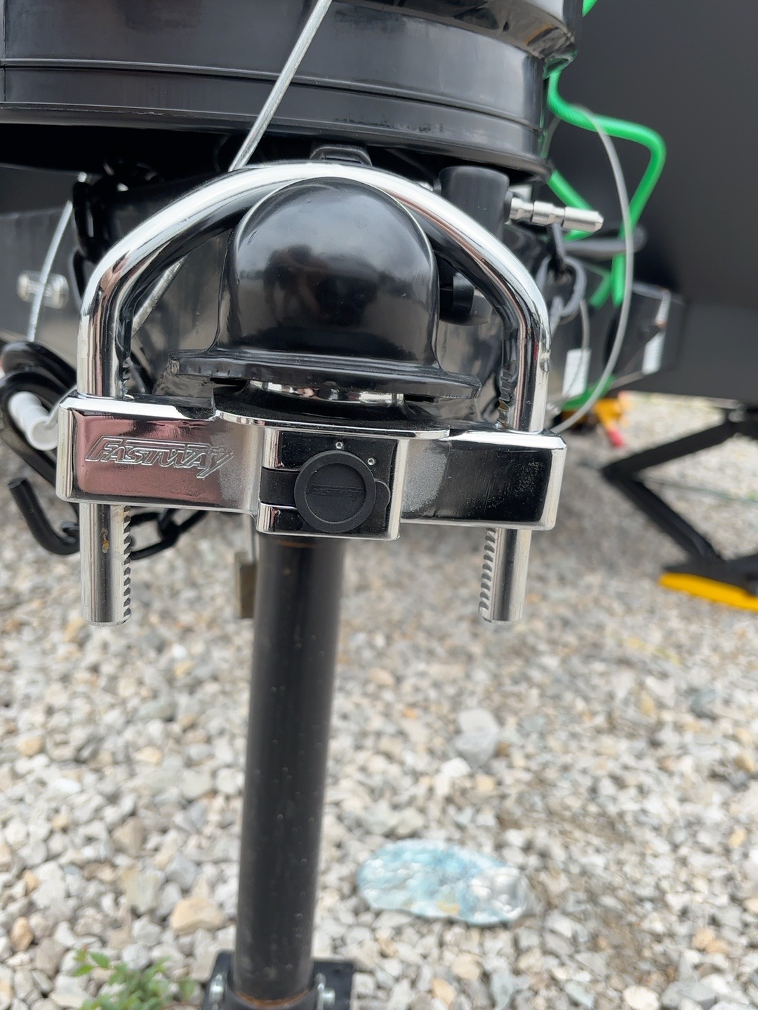 Close-up of Fastway coupler lock fitted over a travel trailer hitch