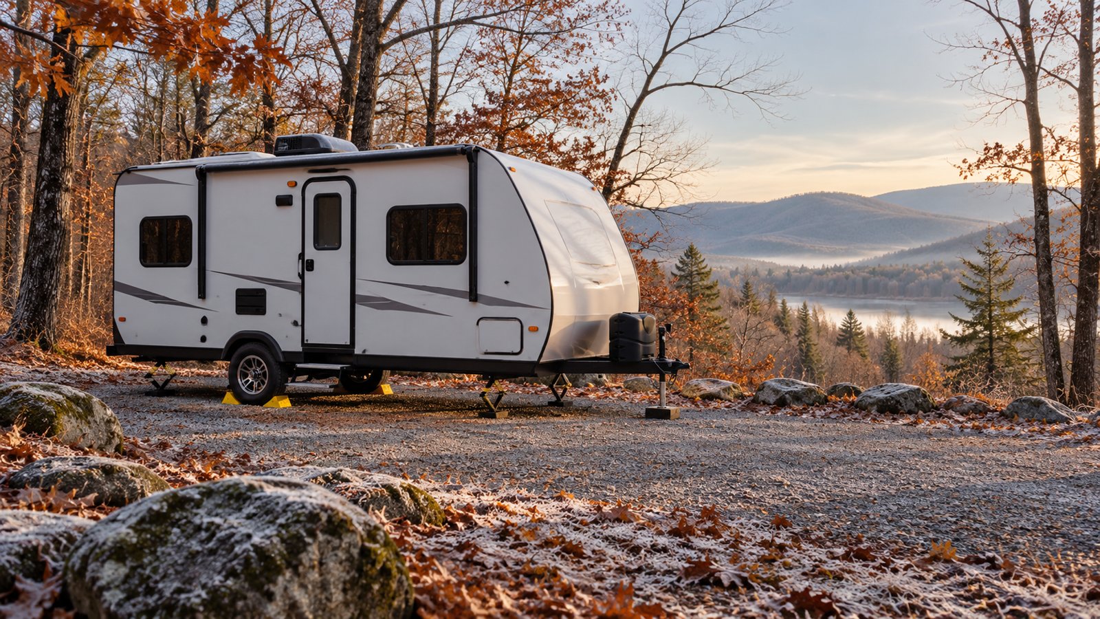 travel-trailer-late-fall-winterization AI-generated editorial scene of a white travel trailer parked in a frosty late-fall woodland