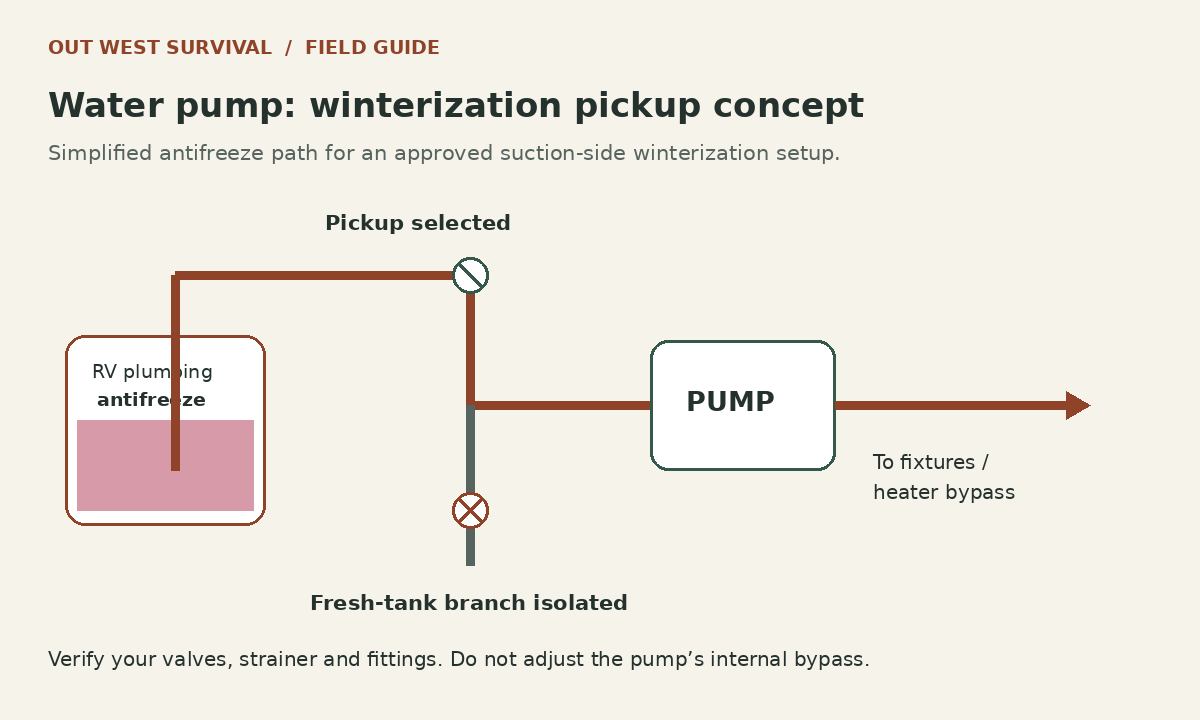 Illustration of an antifreeze pickup hose feeding an RV pump while the fresh tank branch is isolated